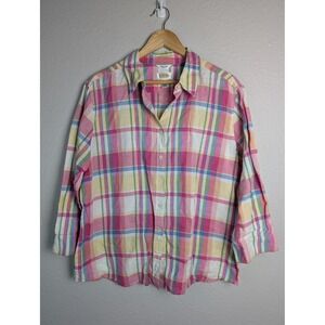 Talbots Shirt Womens XL Multi Plaid Irish Linen Blend‎ Button Up 3/4 Sleeve Top